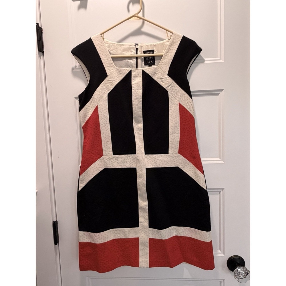 NWT Jax Colorblock Sheath Dress Black Red Knee Length Zip Textured Size 10